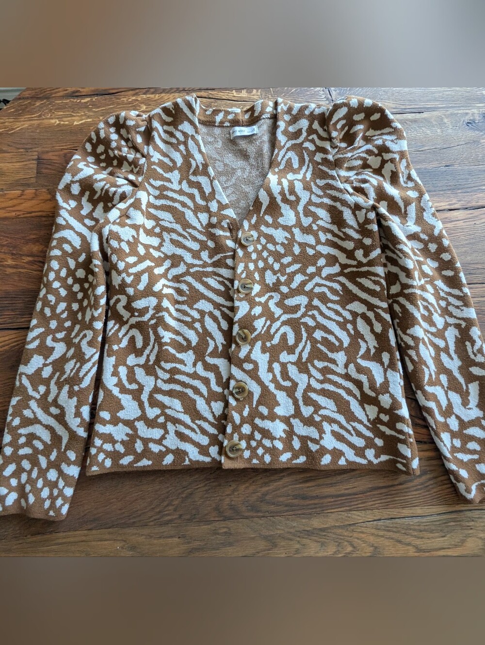 Nine West Brown and White Abstract V-Neck Button Cardigan